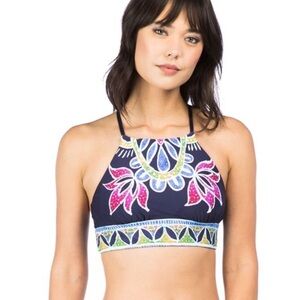 Trina Turk Reversible High Neck Racerback Bikini Top Blue Printed Size US 4 NWT